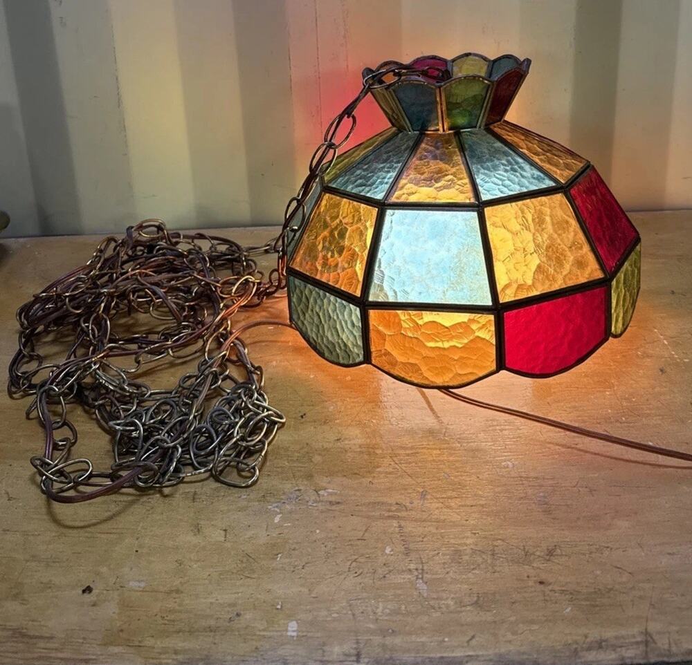 1970s VTG Multi- Color Panel Swag Stained Glass Hanging Swag Ceiling Lamp Shade